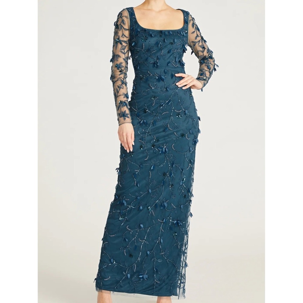 Theia Hera Moroccan Blue Floral Applique Mesh Evening Gown Size 4 NWOT
